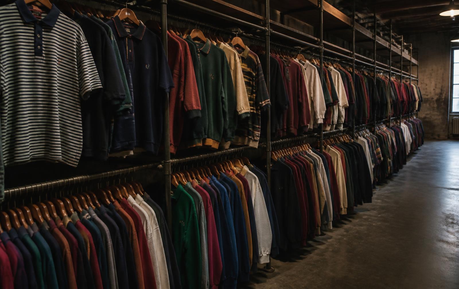 Rekken met gesorteerde vintage kleding in het magazijn